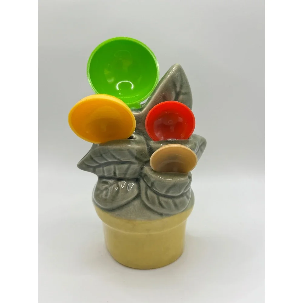 Vintage Ceramic Plant Pot Measuring Spoon Holder Set Japan Retro MCM Kitsch